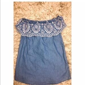 Denim White Embroidered Off the Shoulder Dress